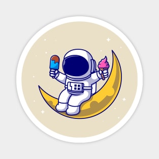 Cute Astronaut Holding Popsicle And Ice cream On Moon  Cartoon Magnet